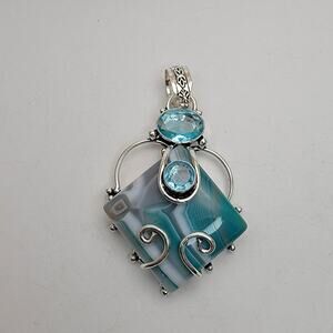 Sterling Silver Blue Lace Agate and Blue Topaz Pendant Necklace - 20" Chain
